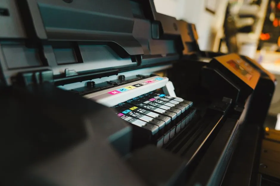 Close-up of a home office printer feeding paper
